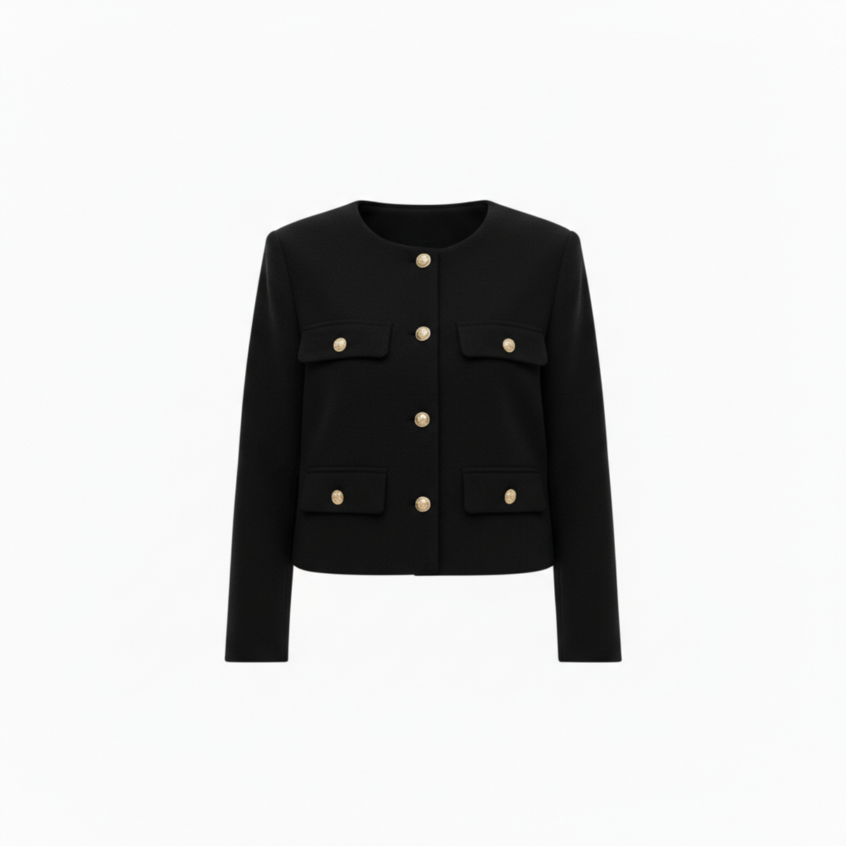 Polyester Round Neck Jacket with Gold Buttons and Pockets for Women