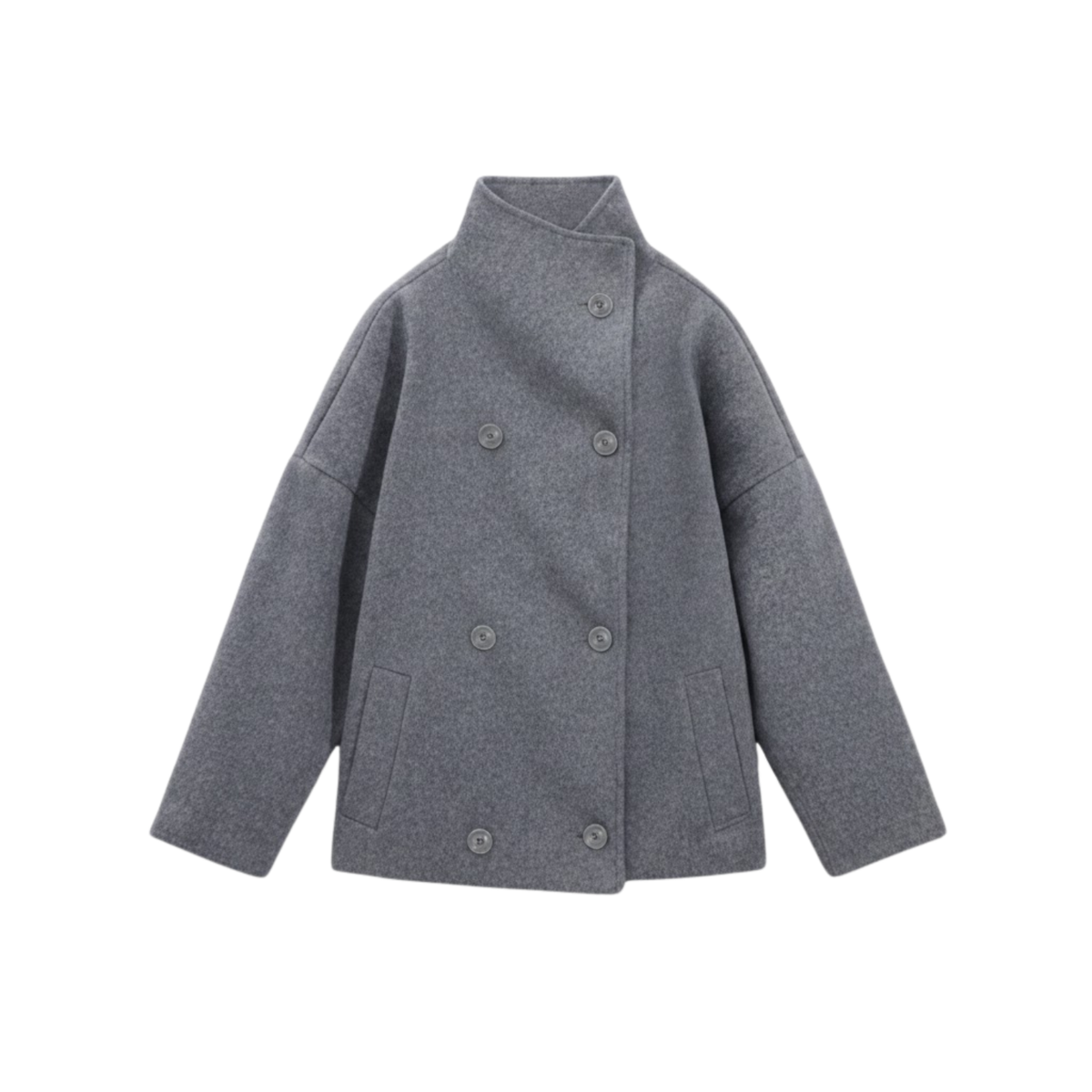 Women's winter coat in wool with a stand-up collar, single-breasted, loose fit and long sleeves