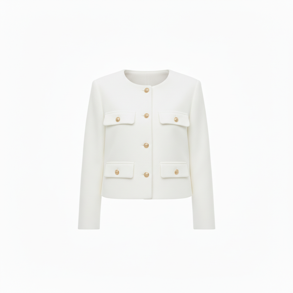 Polyester Round Neck Jacket with Gold Buttons and Pockets for Women
