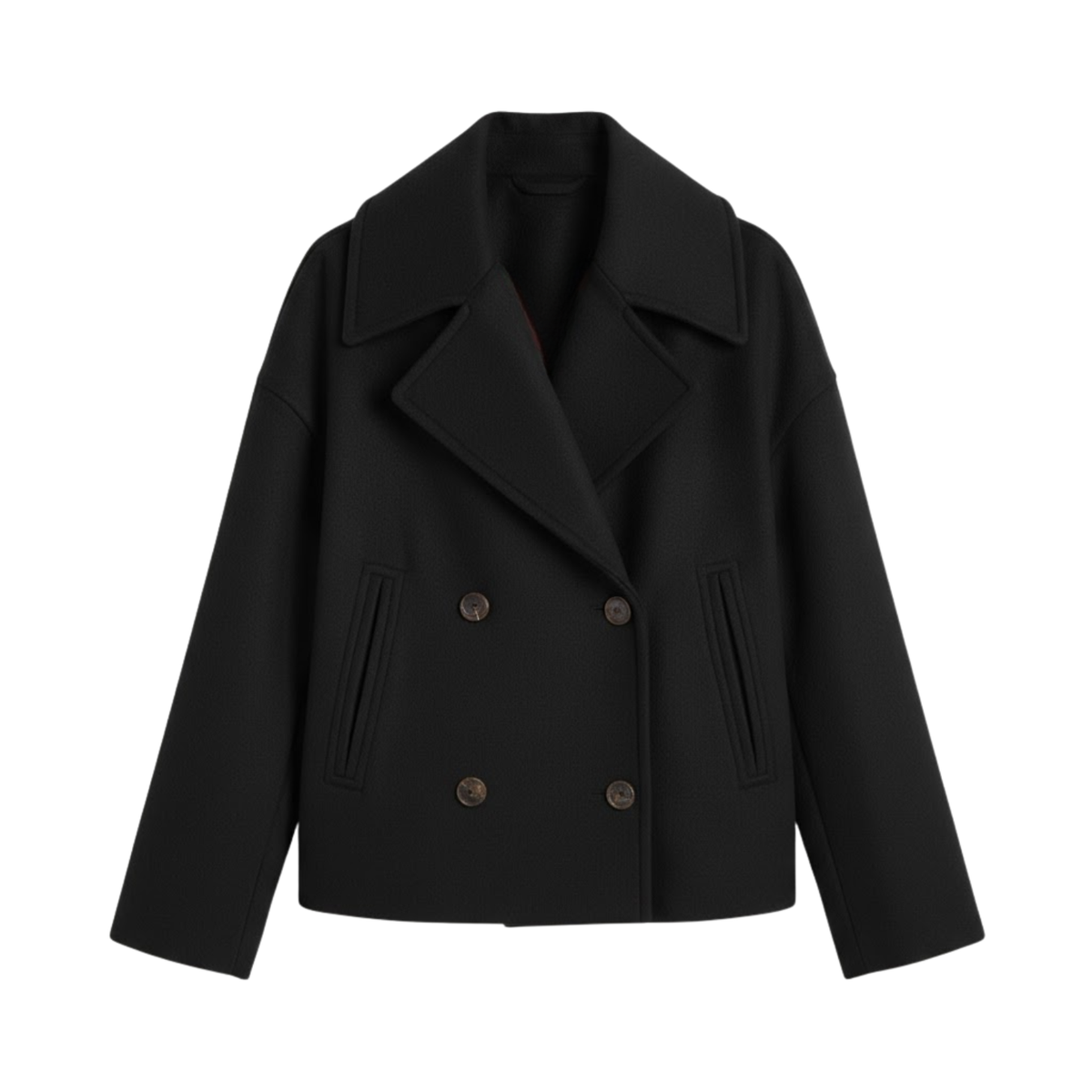 Short wool coat for women with double-breasted front and relaxed lapel collar