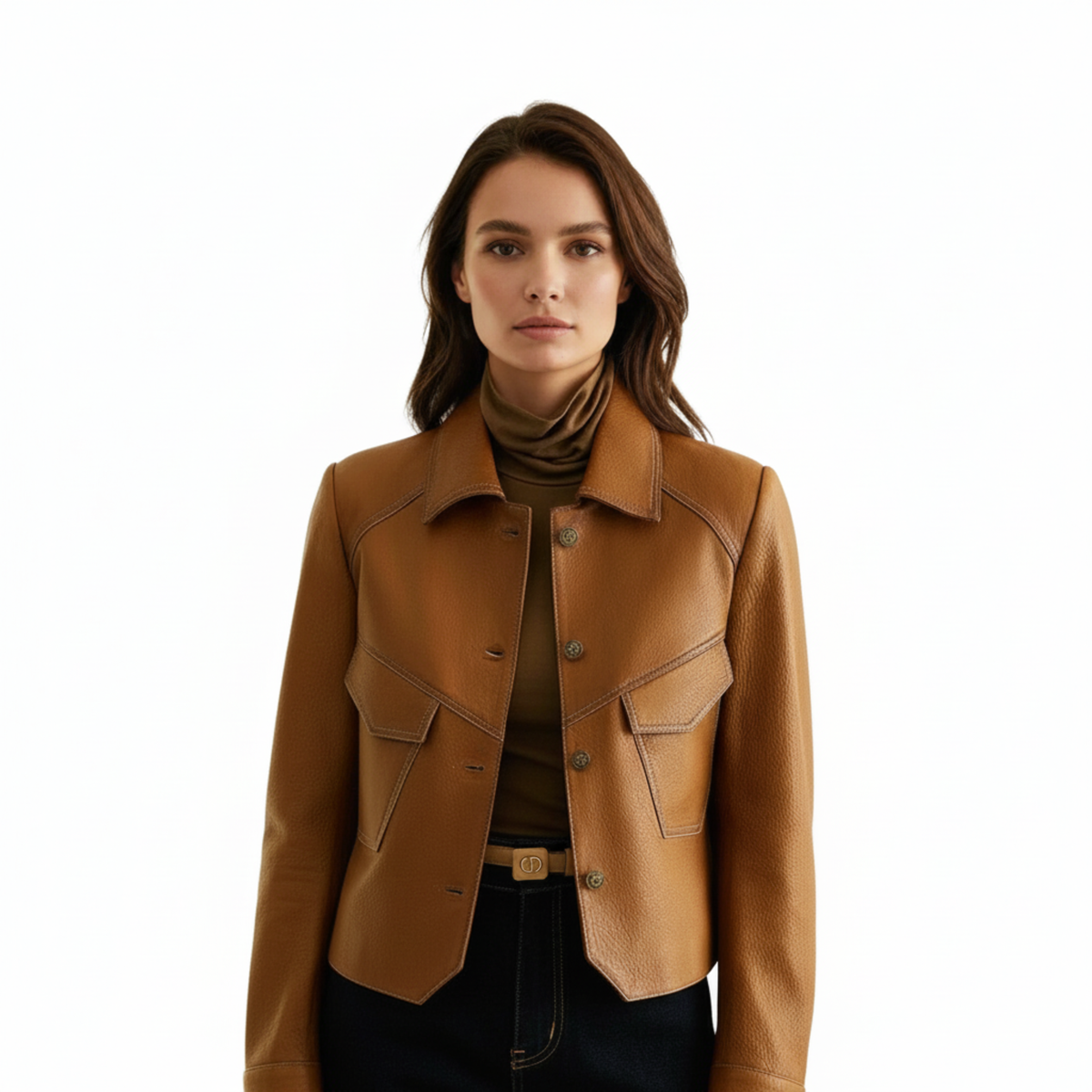 Women's Leather Jacket with Buttons and Fitted Waist Classic Cut