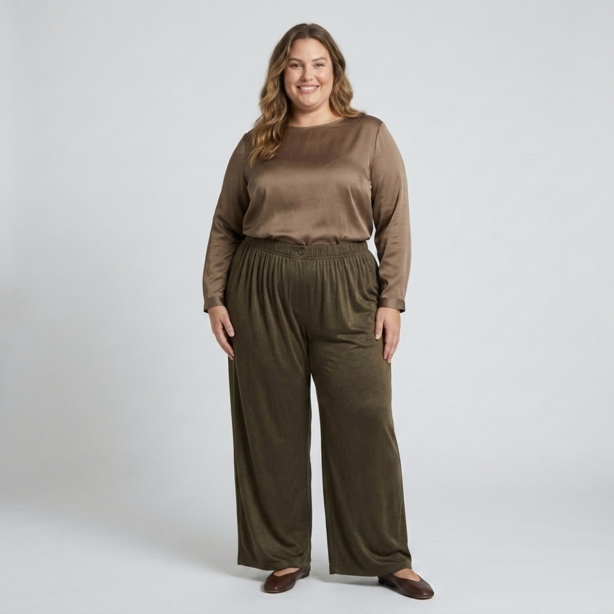 Wide large size pants for women with elastic draped fluid waist