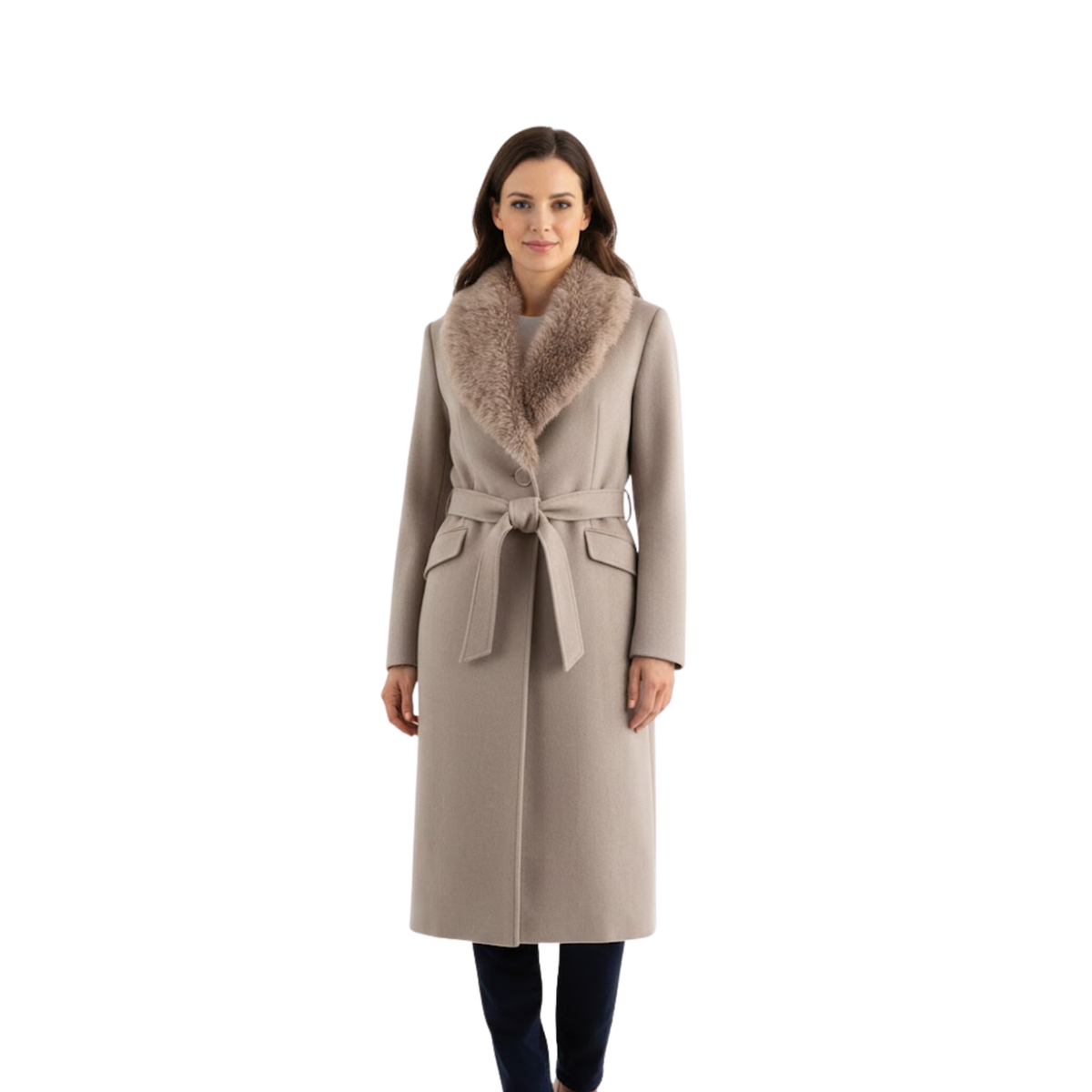 Women's Warm Belted Coat with Fur Collar for Autumn and Winter