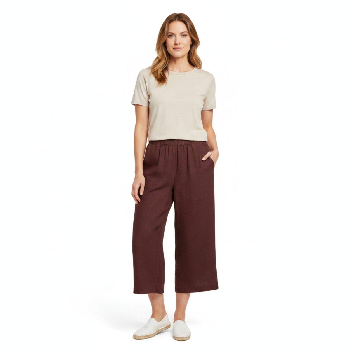 Women's Wide-Leg Linen Pants with Elastic Waist and Short Cut