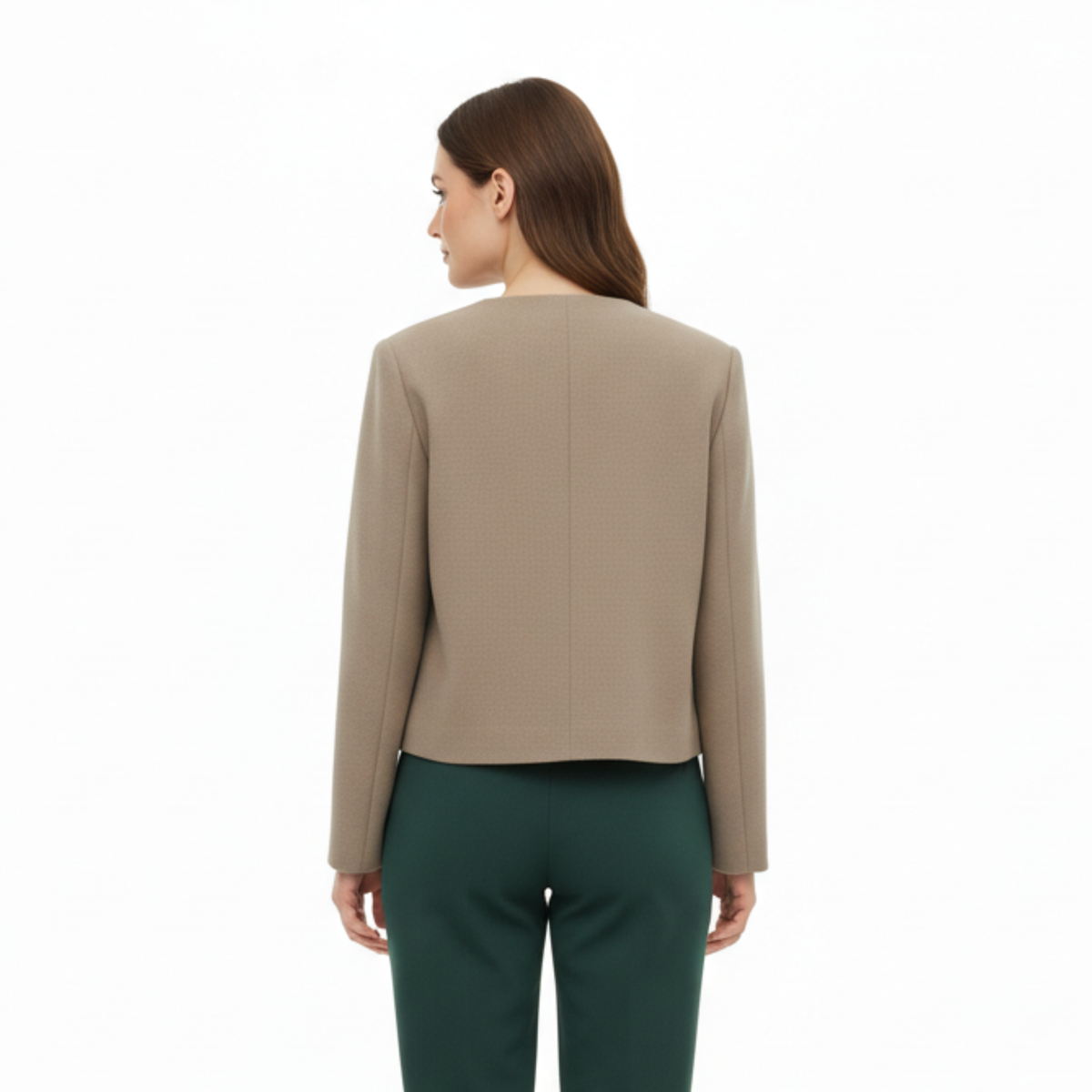 Polyester Round Neck Jacket with Gold Buttons and Pockets for Women