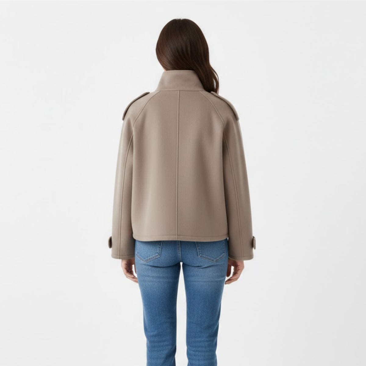 Short wool jacket for women with stand-up collar and contrasting buttons