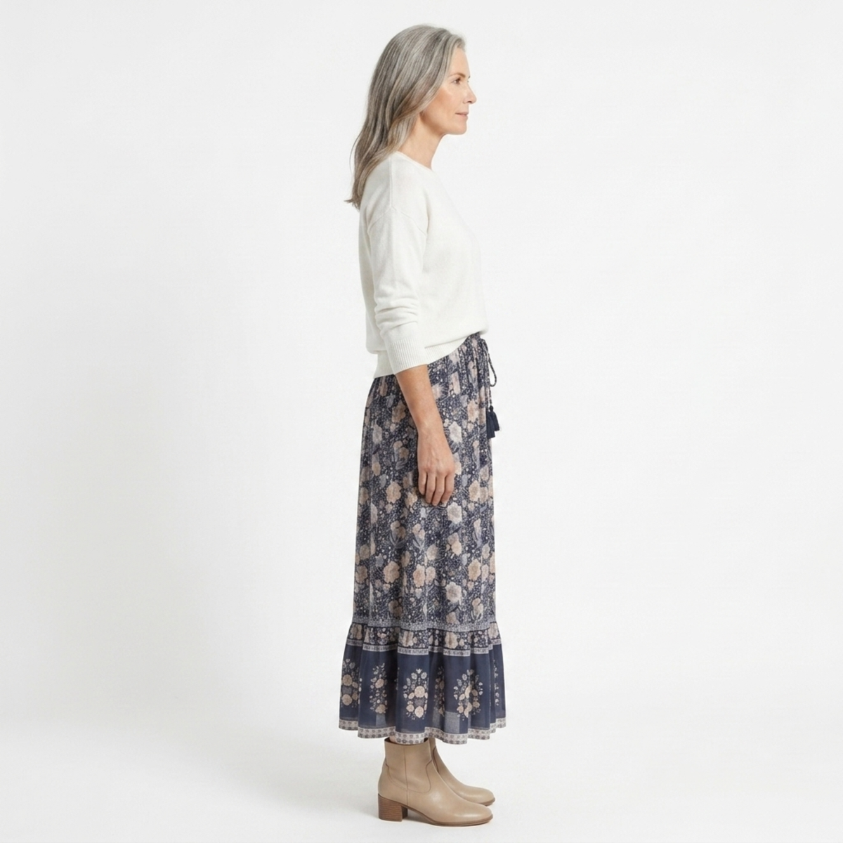 Long floral maxi skirt — trapeze cut with tassels — summer vacation