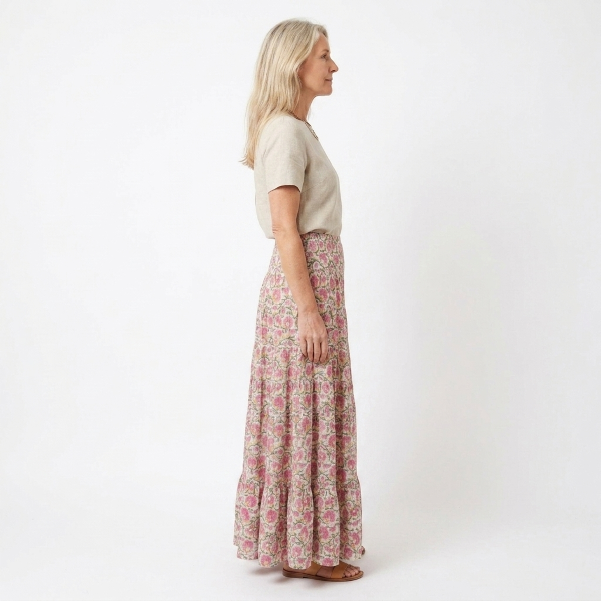 Long floral maxi skirt — high-waisted flared — summer vacation
