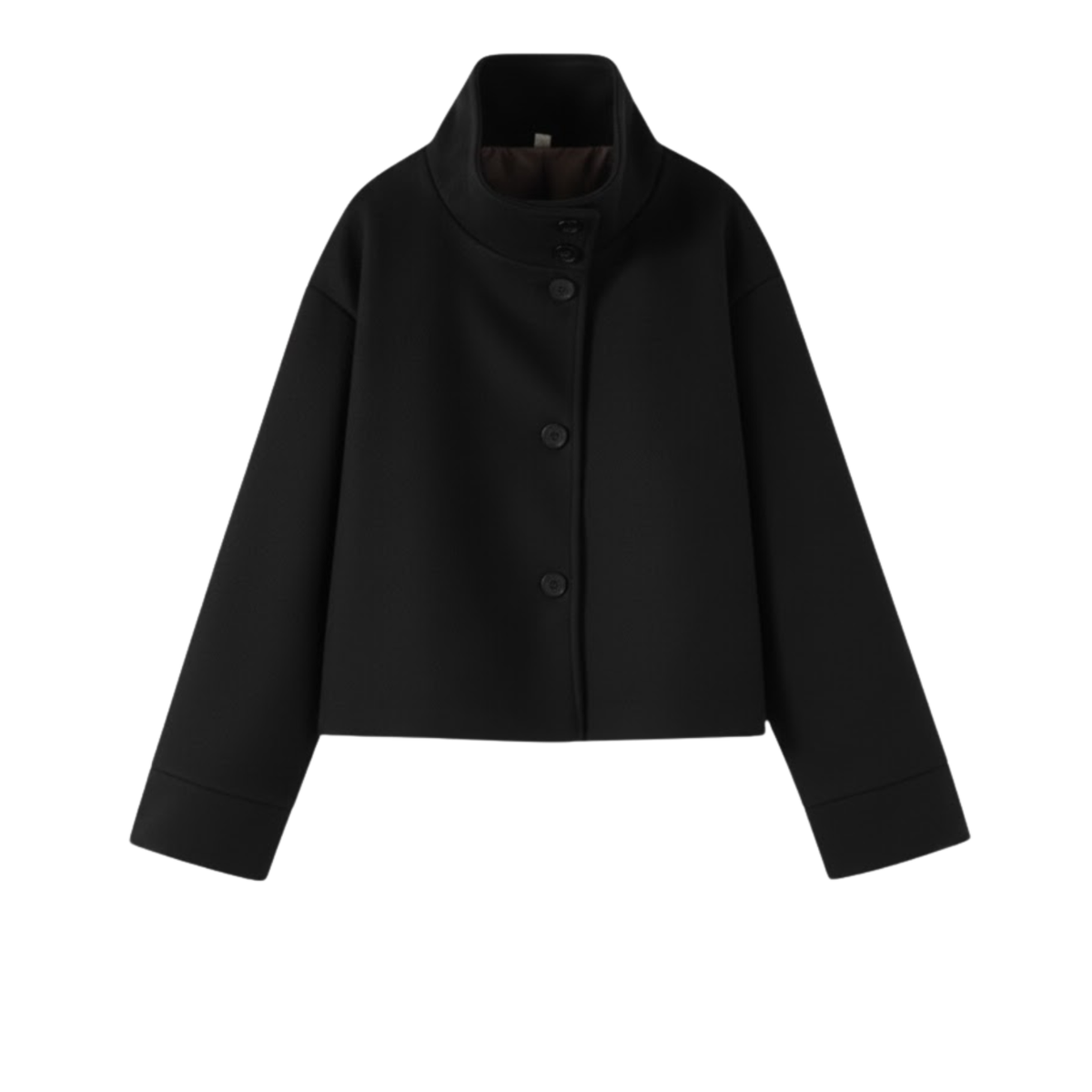 Women's winter coat in wool with a stand-up collar, single-breasted, loose fit and long sleeves