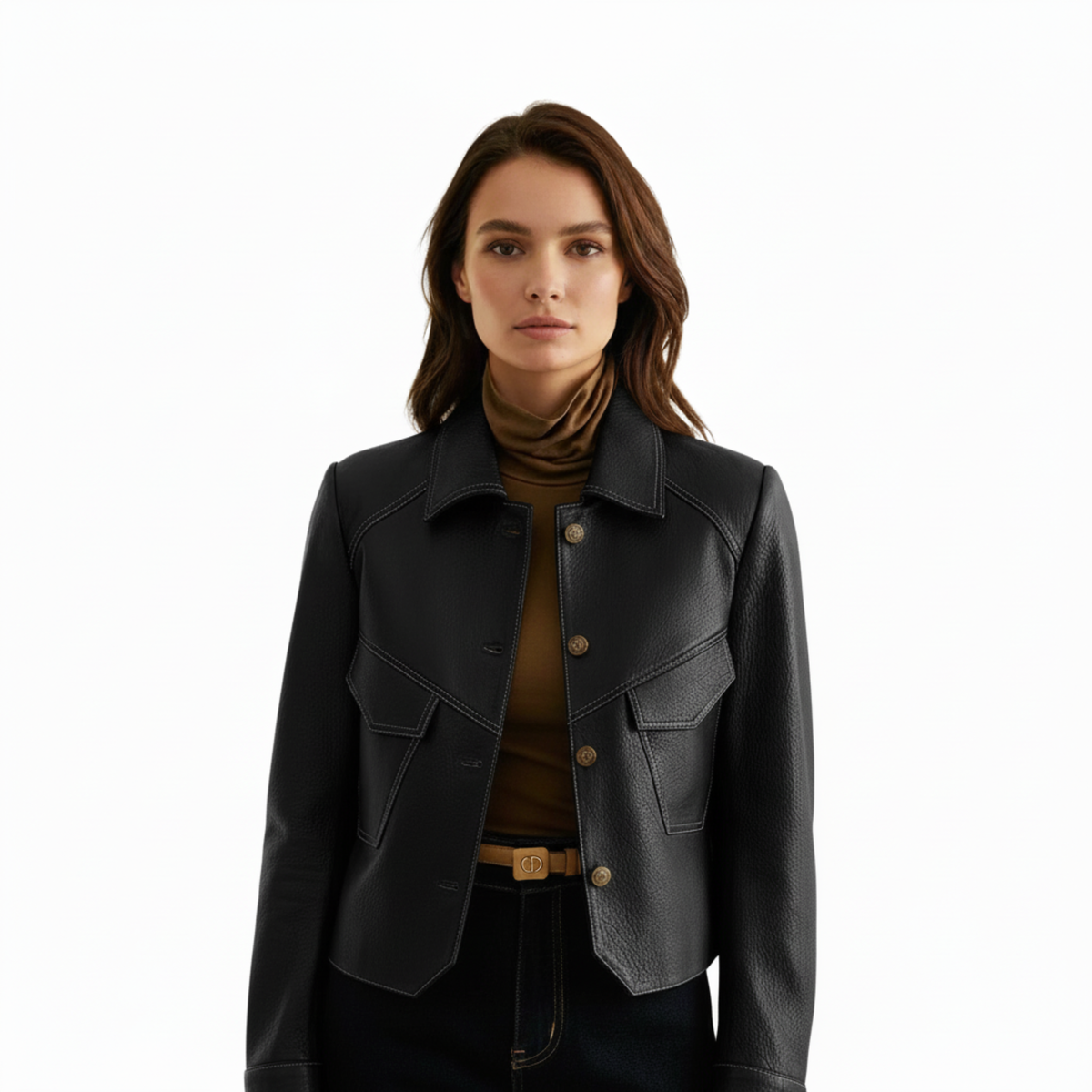 Women's Leather Jacket with Buttons and Fitted Waist Classic Cut