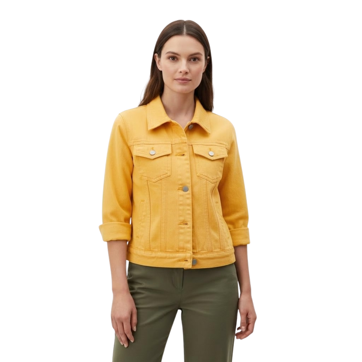 Short Denim Jacket with Buttons and Chest Pockets for Women