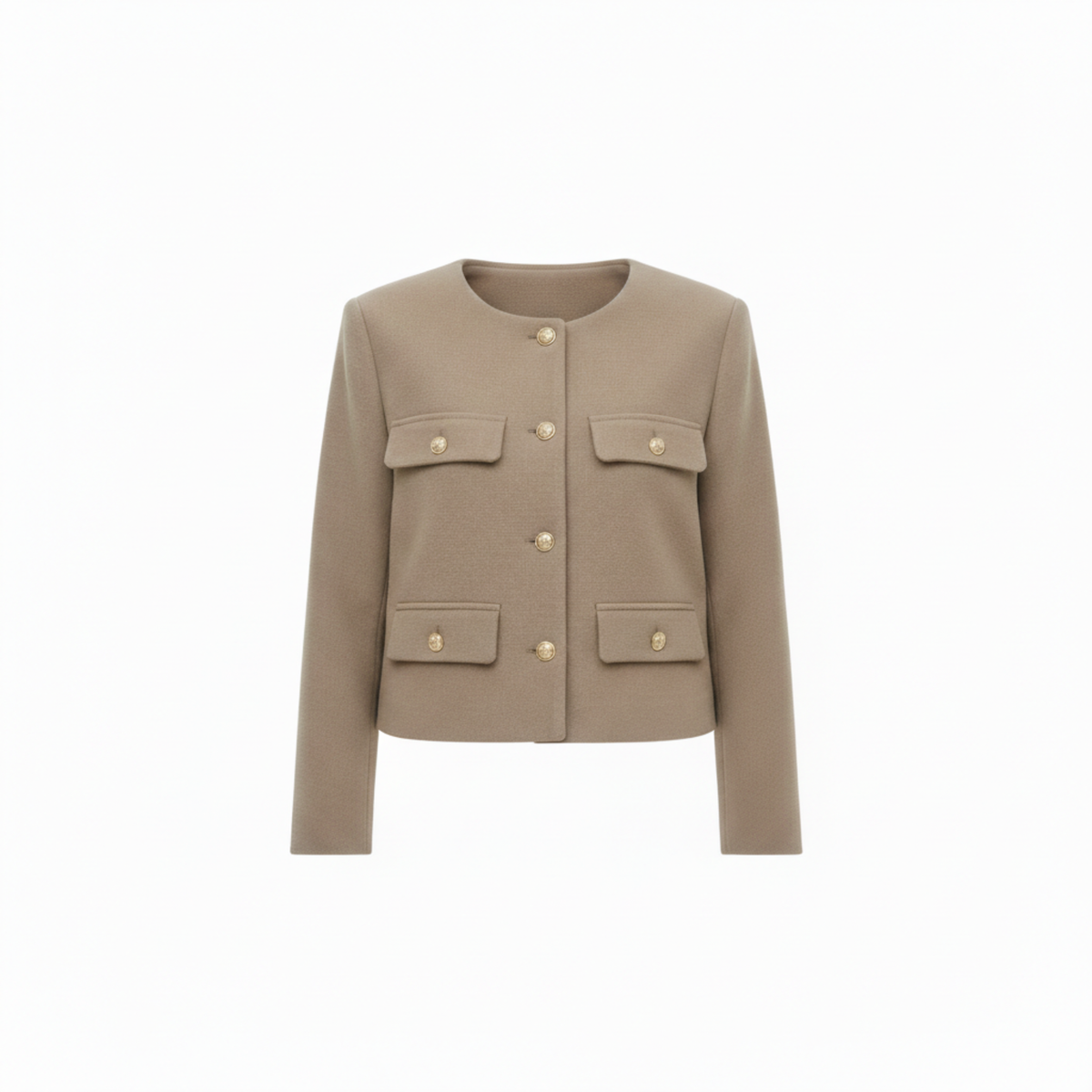 Polyester Round Neck Jacket with Gold Buttons and Pockets for Women