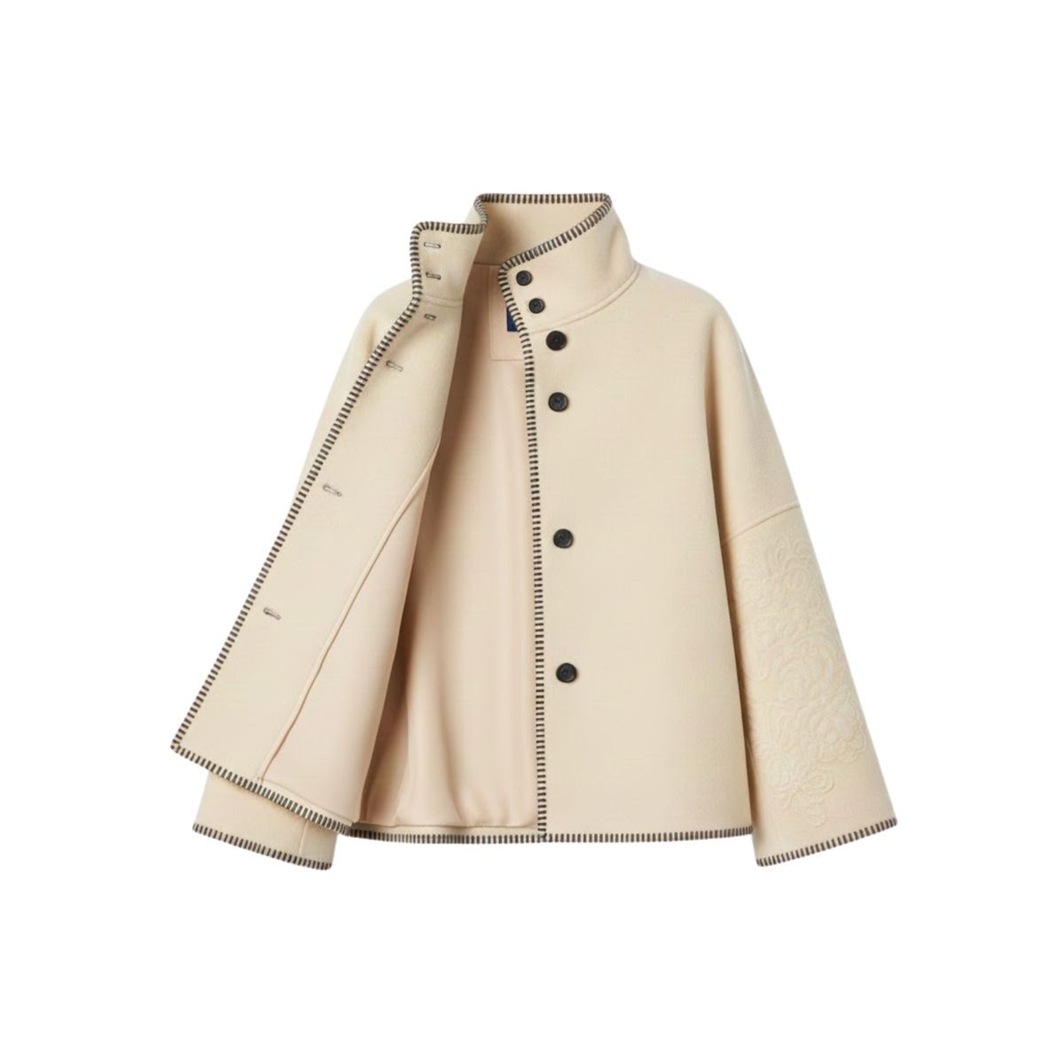 Women's Vintage Wool Jacket Wide Shoulders Stand-Up Collar Long Sleeves Autumn Elegant
