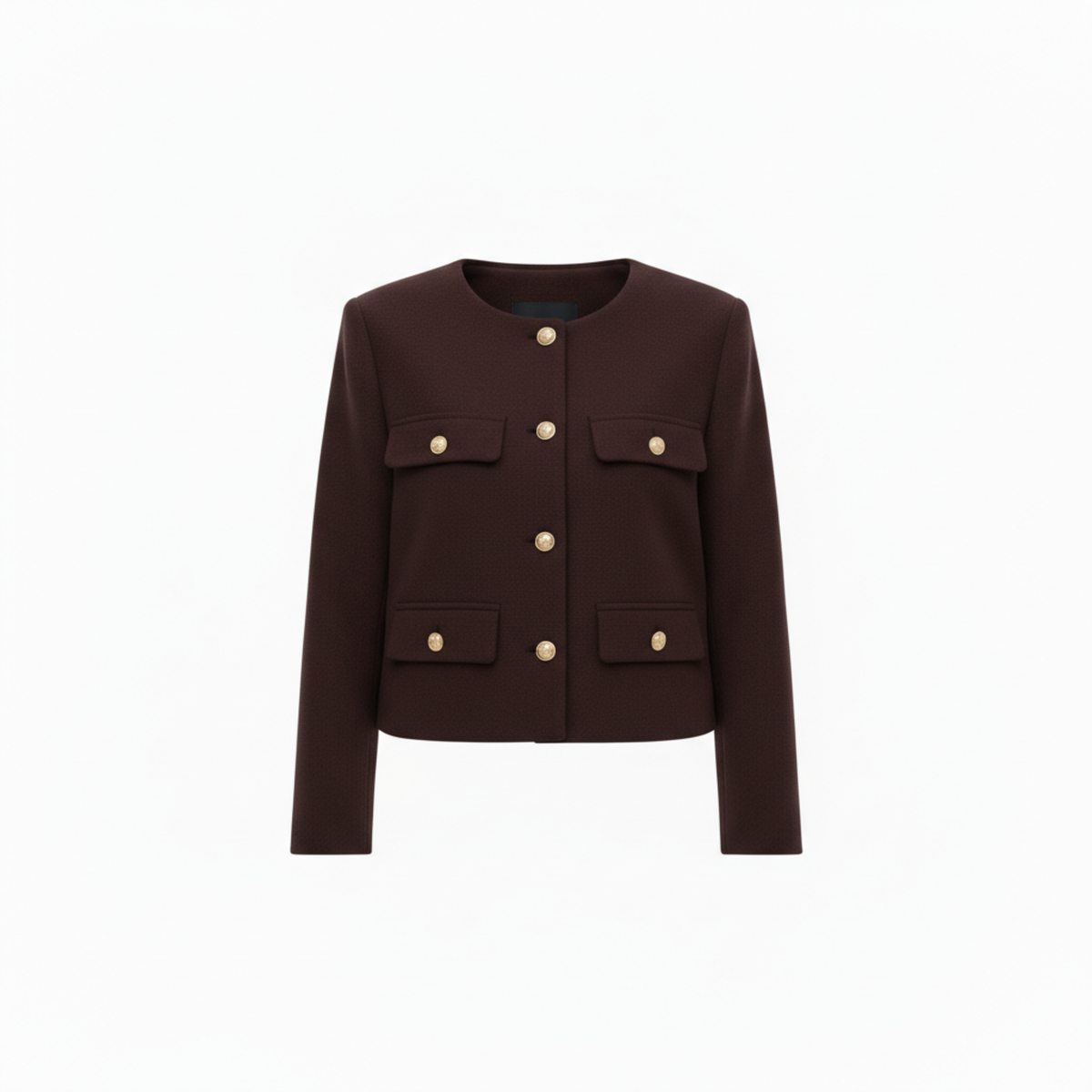 Polyester Round Neck Jacket with Gold Buttons and Pockets for Women