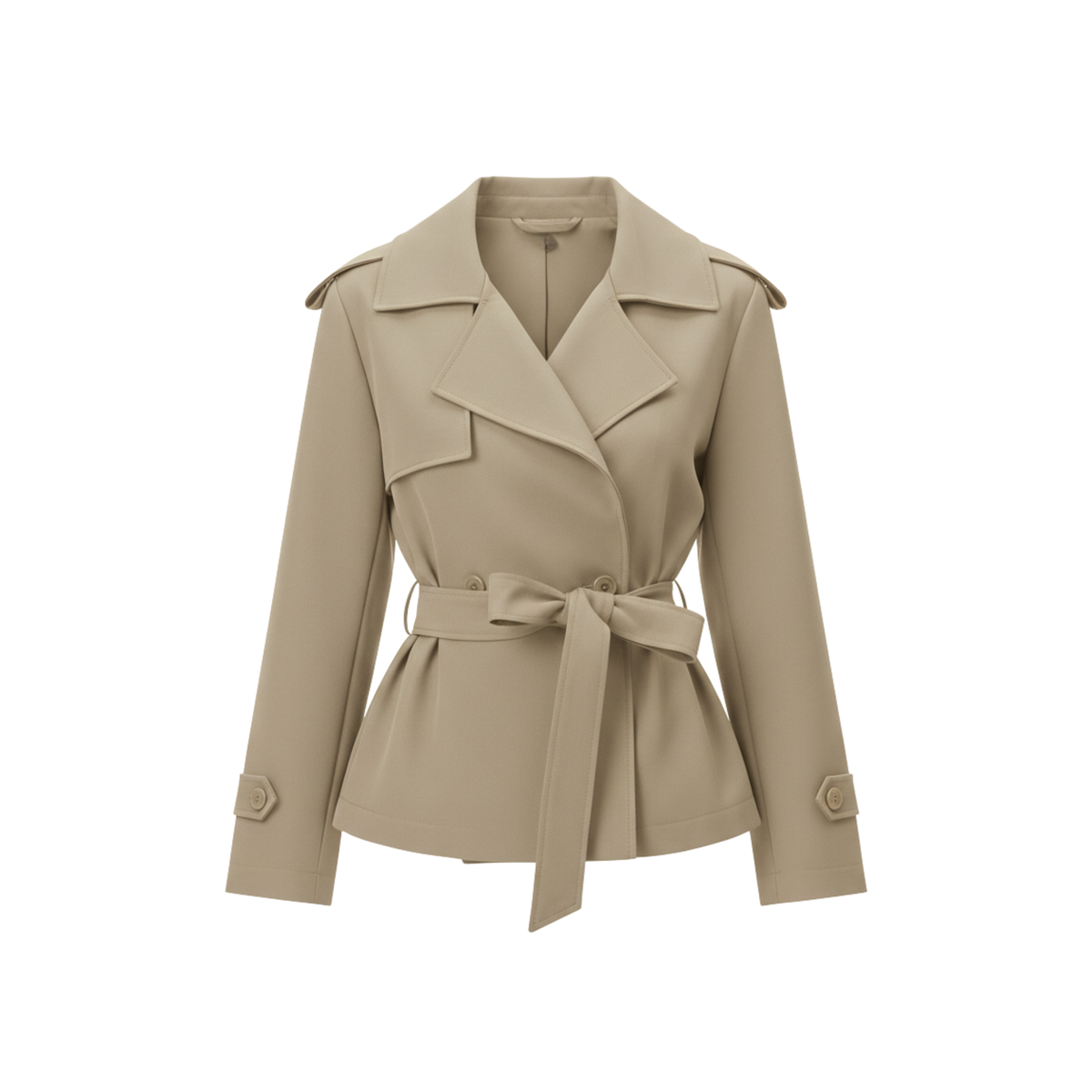 Short Polyester Trench Coat with Belt and Notched Collar for Women