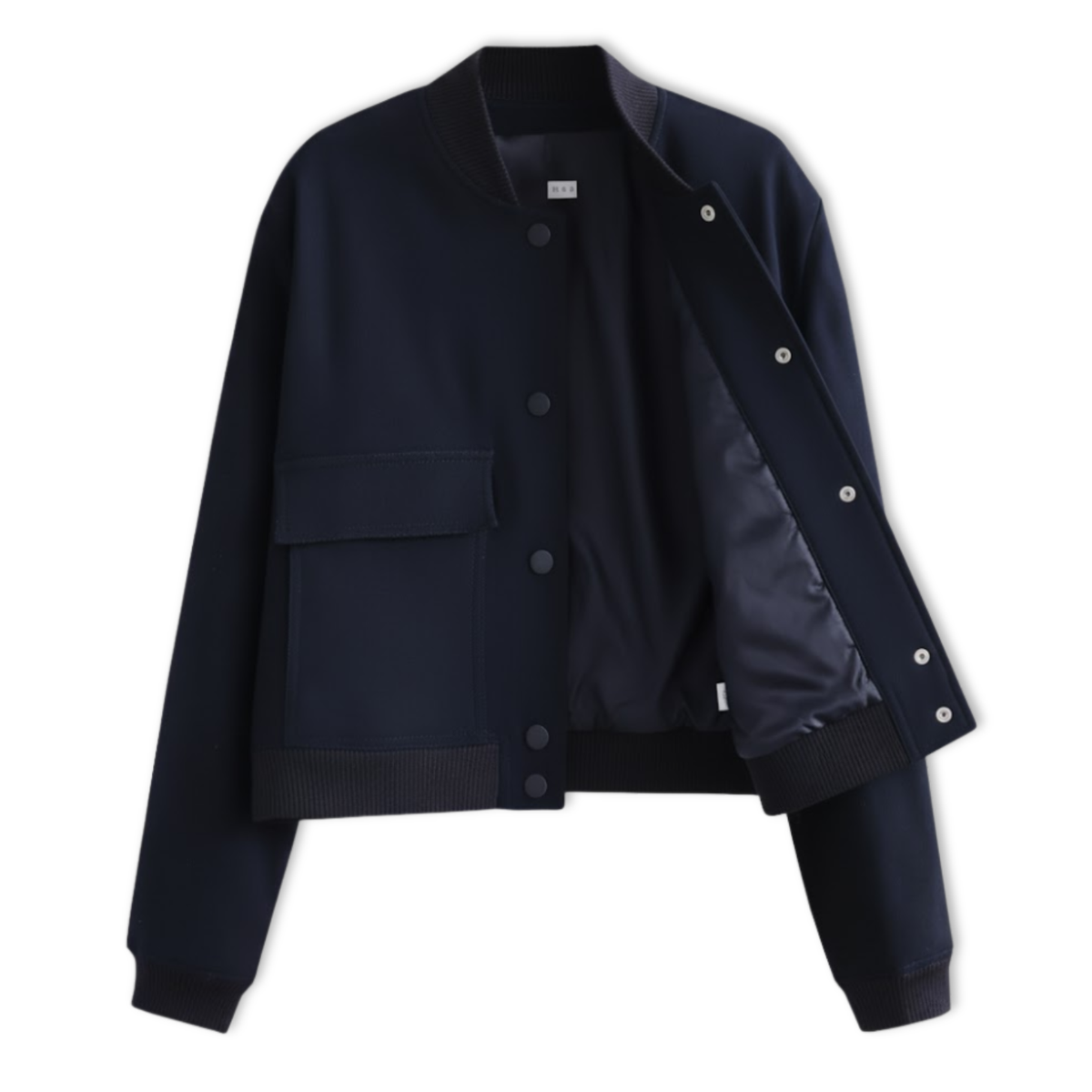 Short women's bomber jacket with snap buttons and large patch pockets