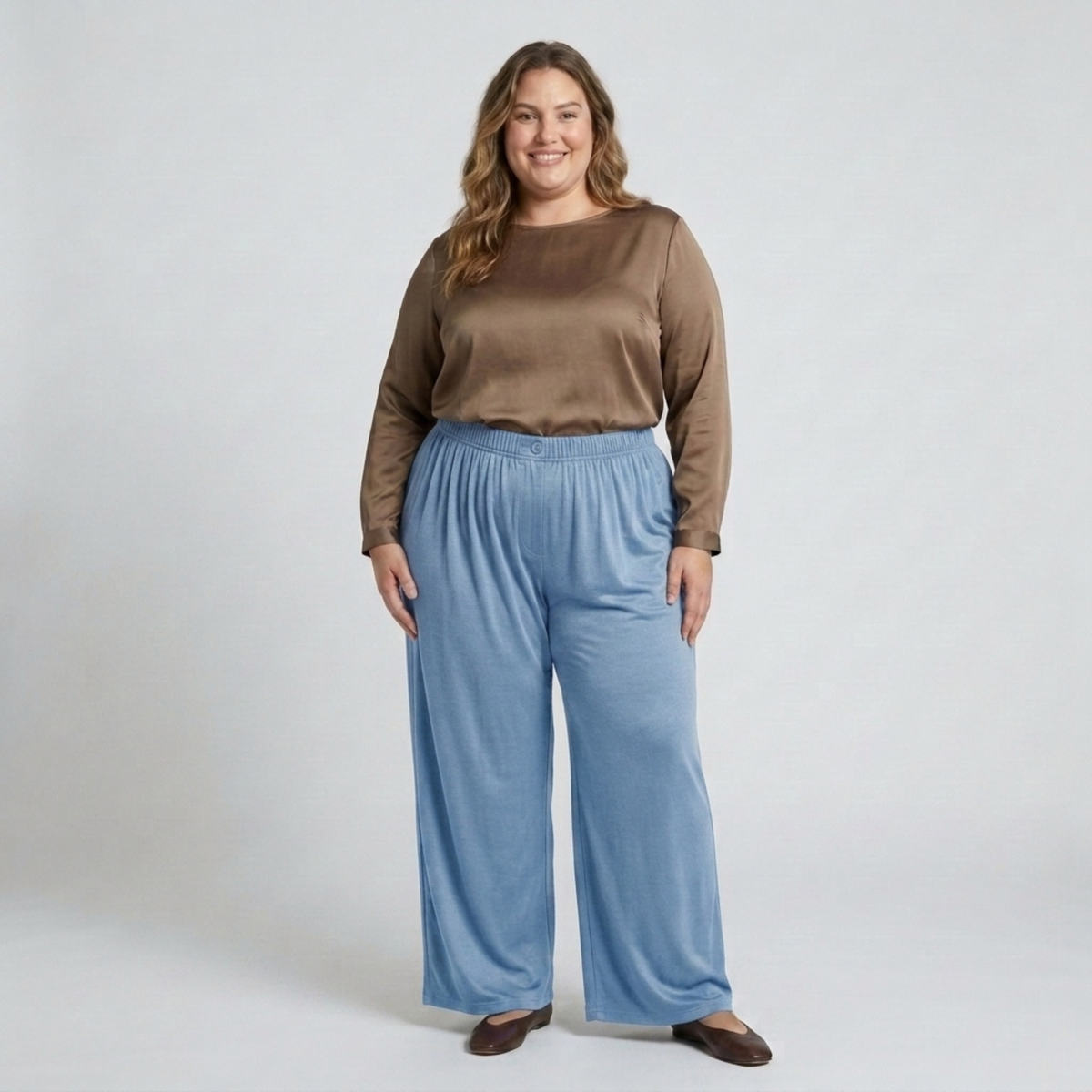 Wide large size pants for women with elastic draped fluid waist