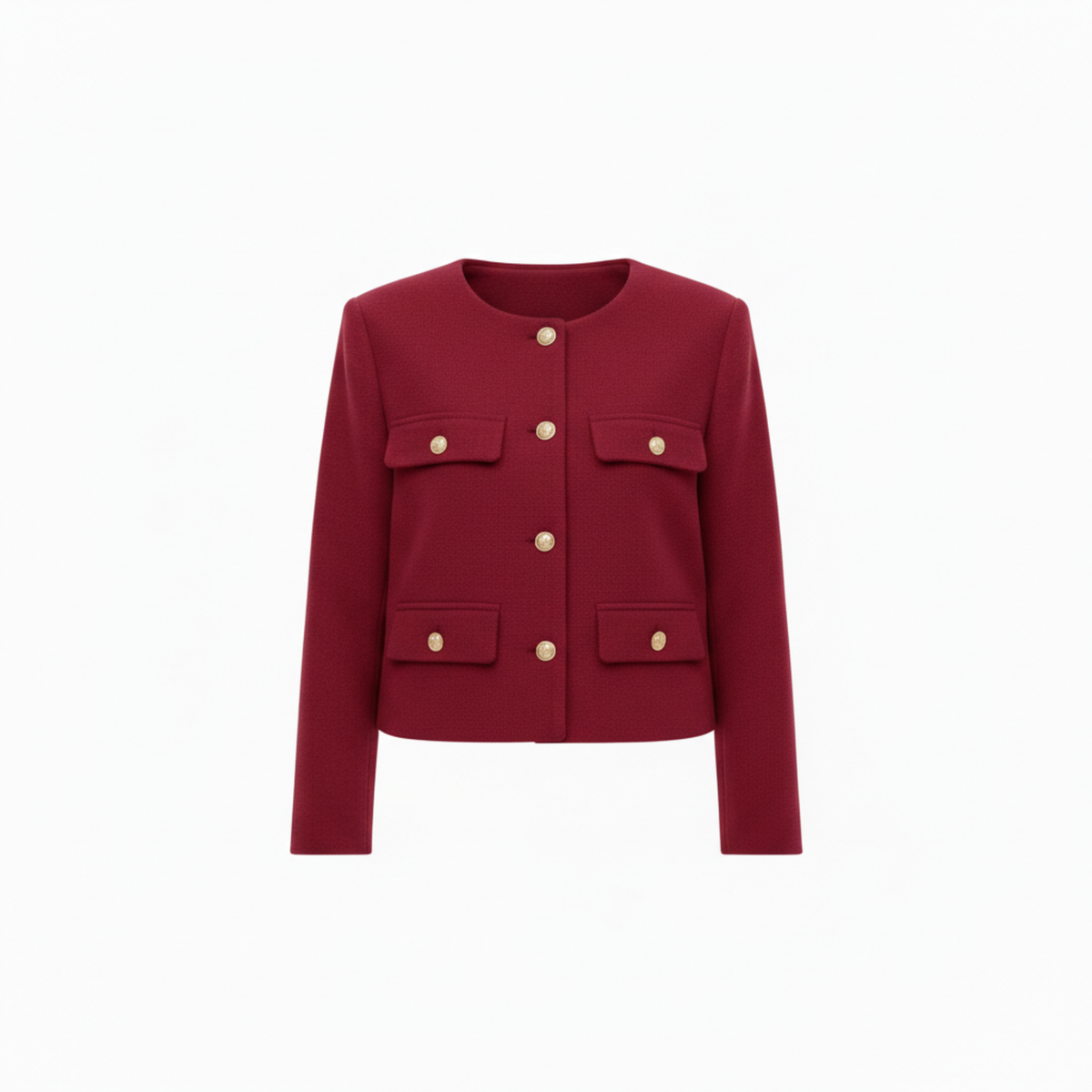 Polyester Round Neck Jacket with Gold Buttons and Pockets for Women