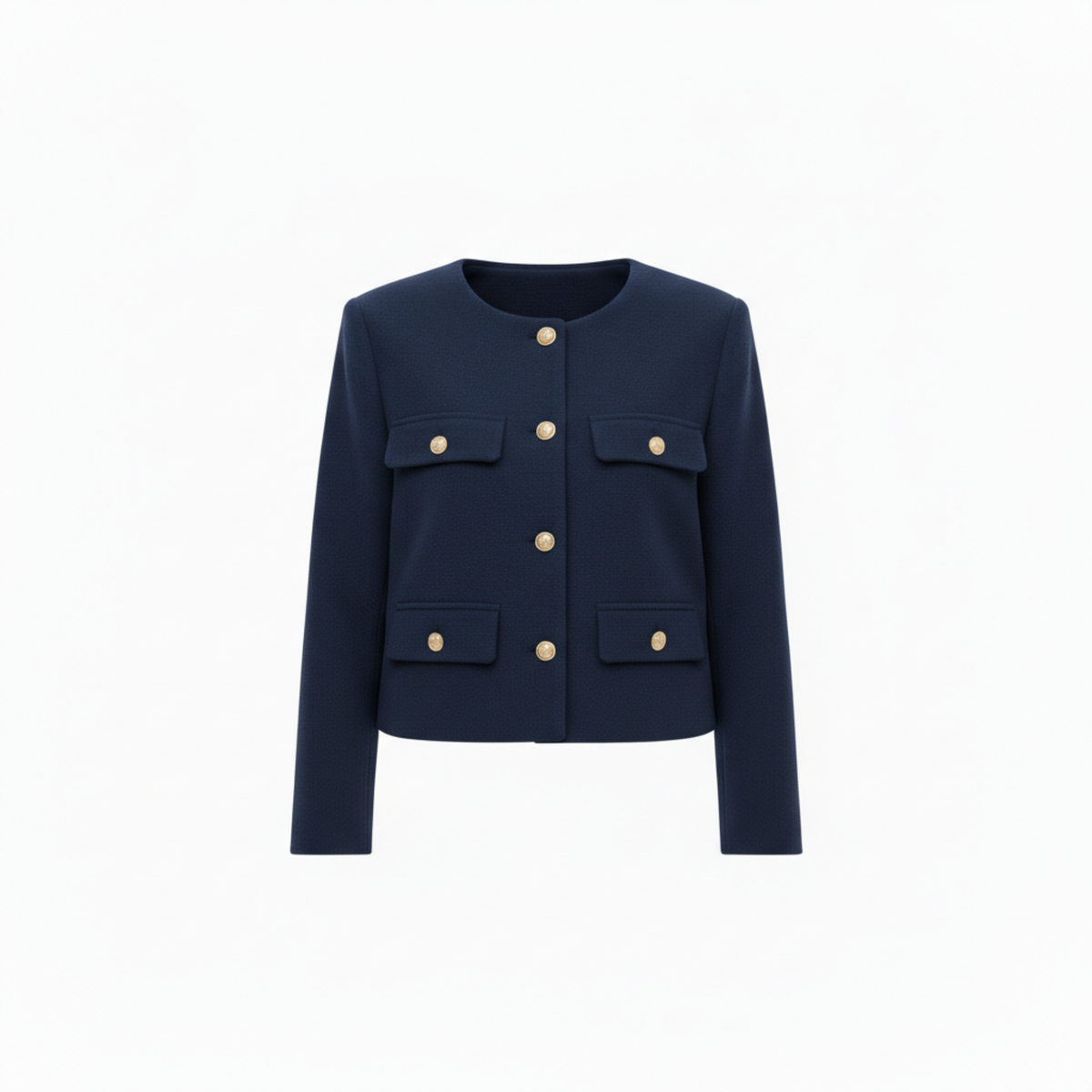 Polyester Round Neck Jacket with Gold Buttons and Pockets for Women