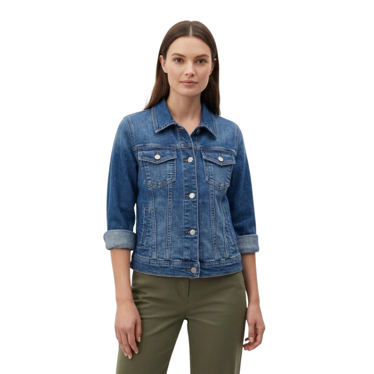 Short Denim Jacket with Buttons and Chest Pockets for Women