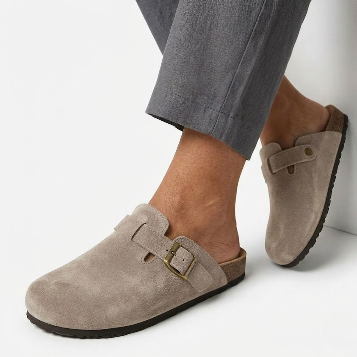 Suede Clogs with Cork Sole and Adjustable Buckle for Women