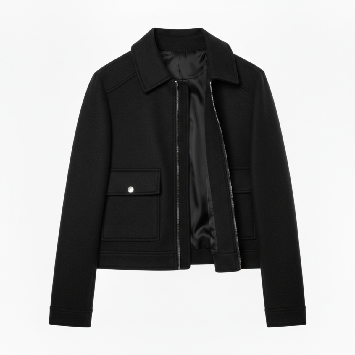 Short Polyester Jacket with Turn-Down Collar and Zipper Closure for Women