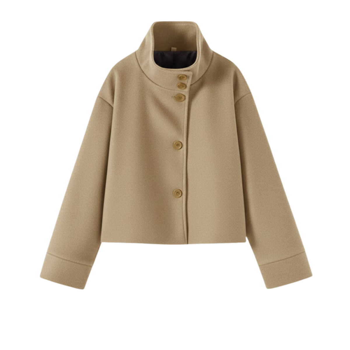 Women's winter coat in wool with a stand-up collar, single-breasted, loose fit and long sleeves